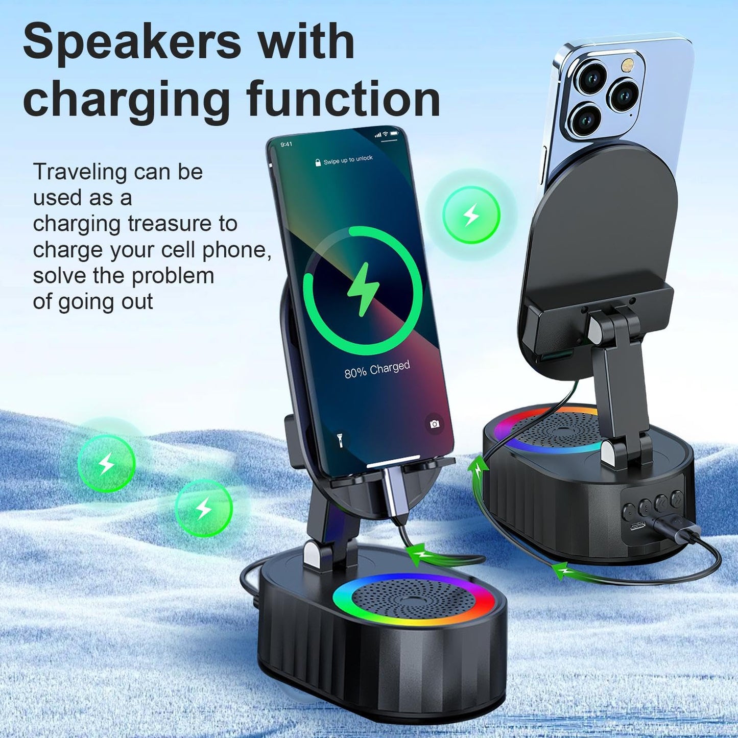 AKLLCCR Wireless Induction Audio Bluetooth Speaker 5in1 Phone Holder Emergency Rechargeable (3000mAh) with Colorful Ambient Light 300° Foldable for Tablet iPhone Android, Gifts for Men Women (Black)