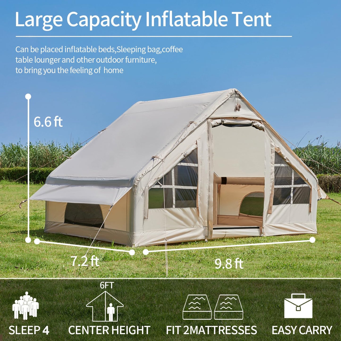 Inflatable Tent with Pump, 4-6 Person Glamping Camping Tents House, Easy Setup Blow Up Family Tents for 4 Seasons Waterproof Inflatable Tent for Camping with Mesh Windows.
