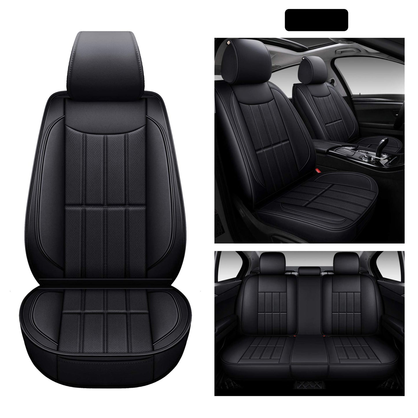 AOOG Leather Car Seat Covers, Automotive Vehicle Cushion Cover for Cars SUV Pick-up Truck, Universal Non-Slip Vehicle Cushion Cover Waterproof Protectors Interior Accessories, Full Set Black
