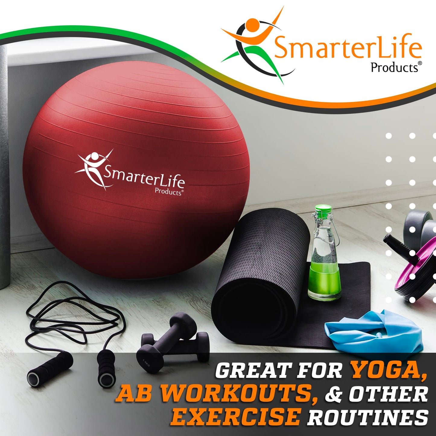 SmarterLife Workout Exercise Ball for Fitness, Yoga, Balance, Stability, or Birthing, Great as Yoga Ball Chair for Office or Exercise Gym Equipment for Home, Non-Slip Design (45 cm, Red)