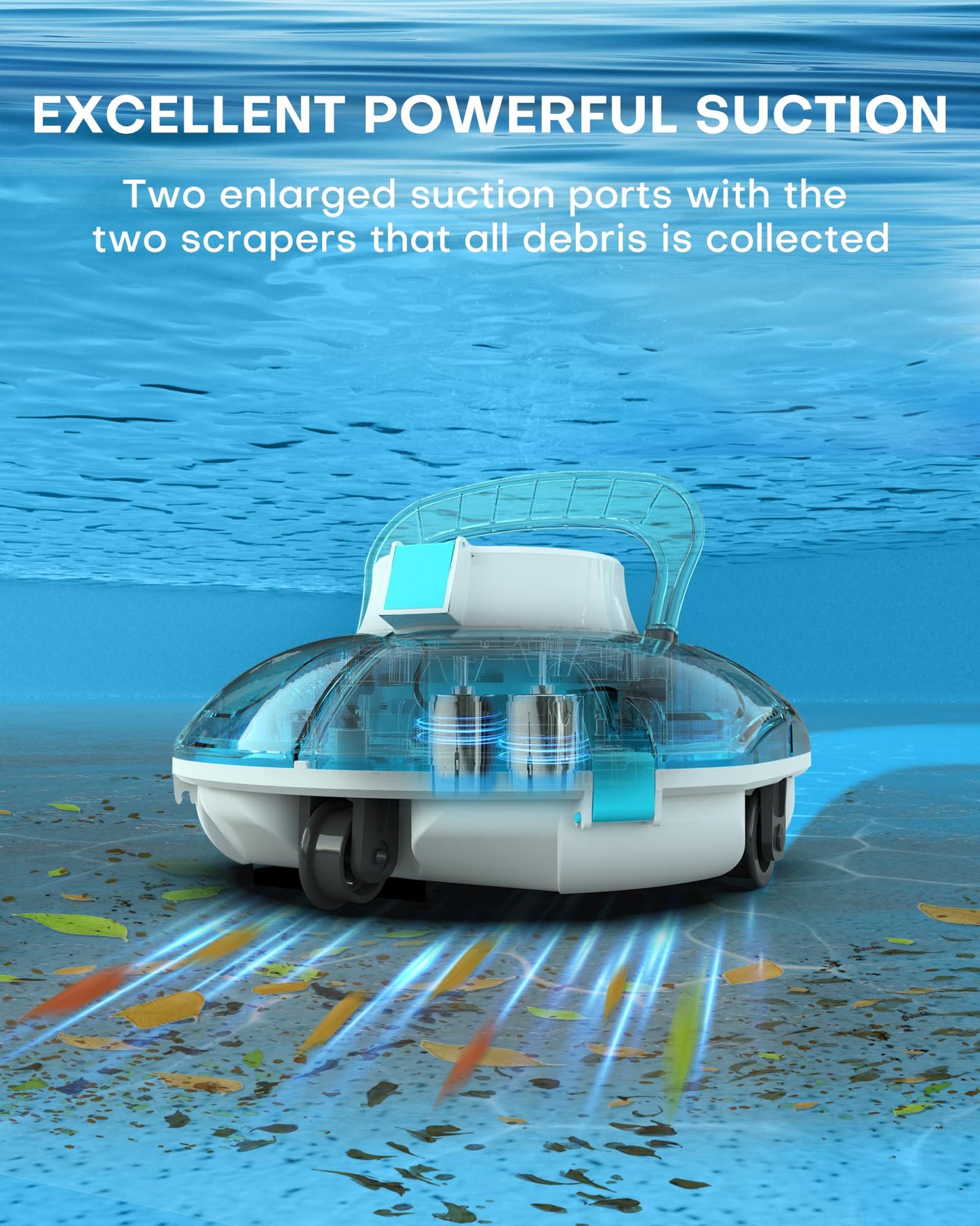 (2025 Upgrade) Cordless Robotic Pool Cleaner, Lasts 75 Min, Automatic Vacuum for Above-Ground Pools up to 645 Sq.ft,Portable, Self-Parking,Transparent Blue