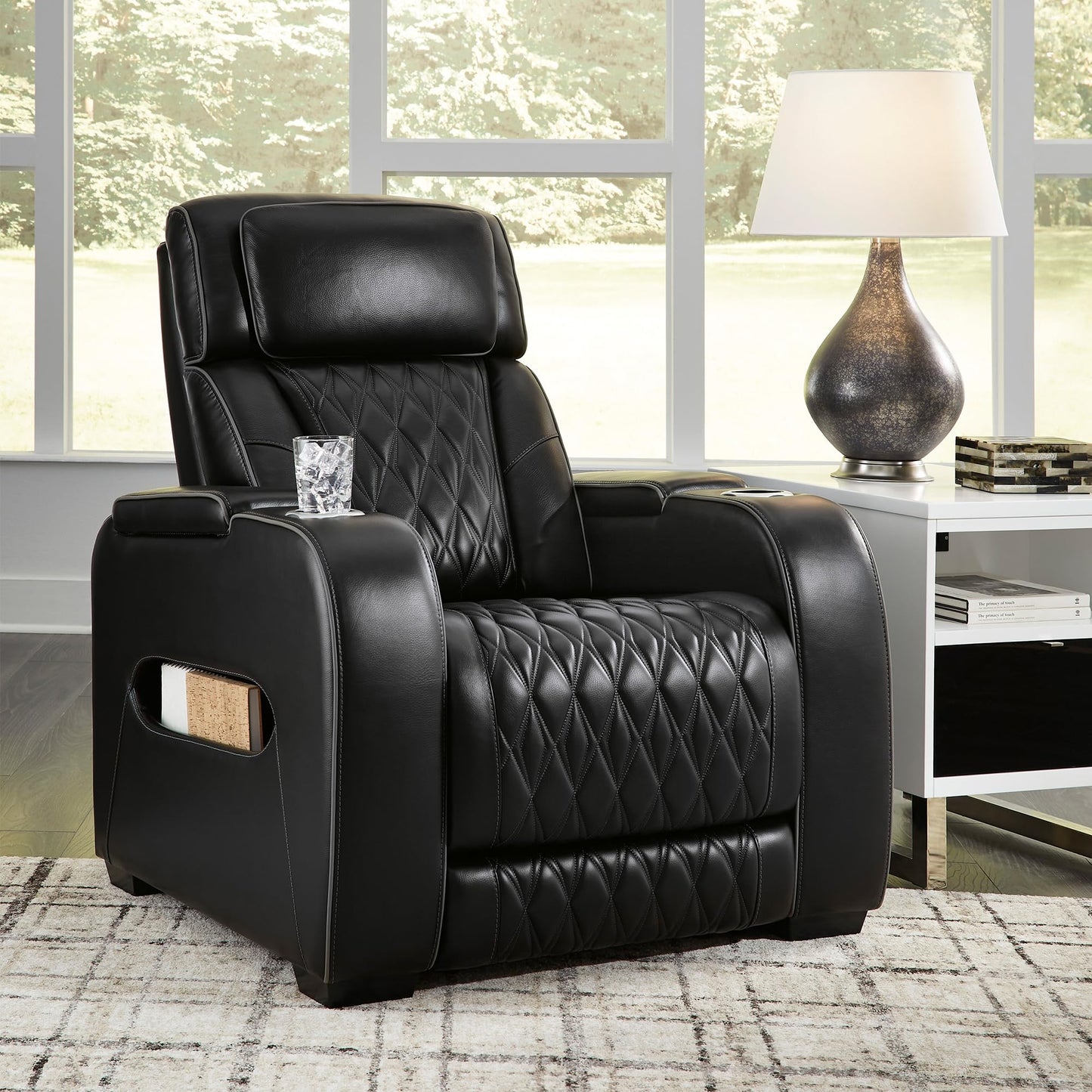 Signature Design by Ashley Boyington Contemporary Leather Match Power Recliner with Adjustable Headrest, Cup Holders, USB Port and Air Massage System, Black