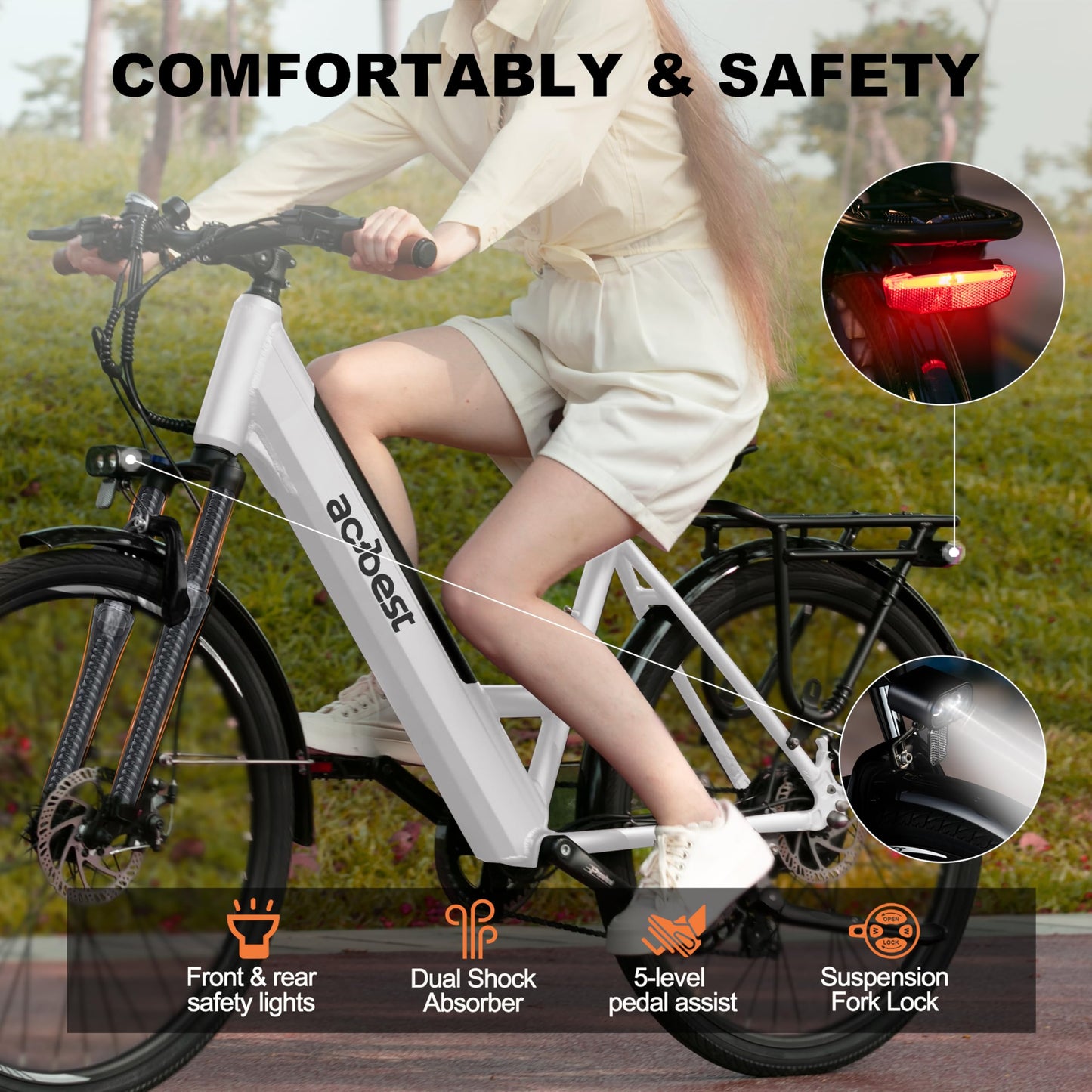ACTBEST Core Electric Bike for Adults - 468Wh Removable Battery, 26 inch Step Thru Electric Bicycle, 350W(Peak 750W) Brushless Motor Cityrun Ebike, with 7 Speed, Up to 50 Miles, White