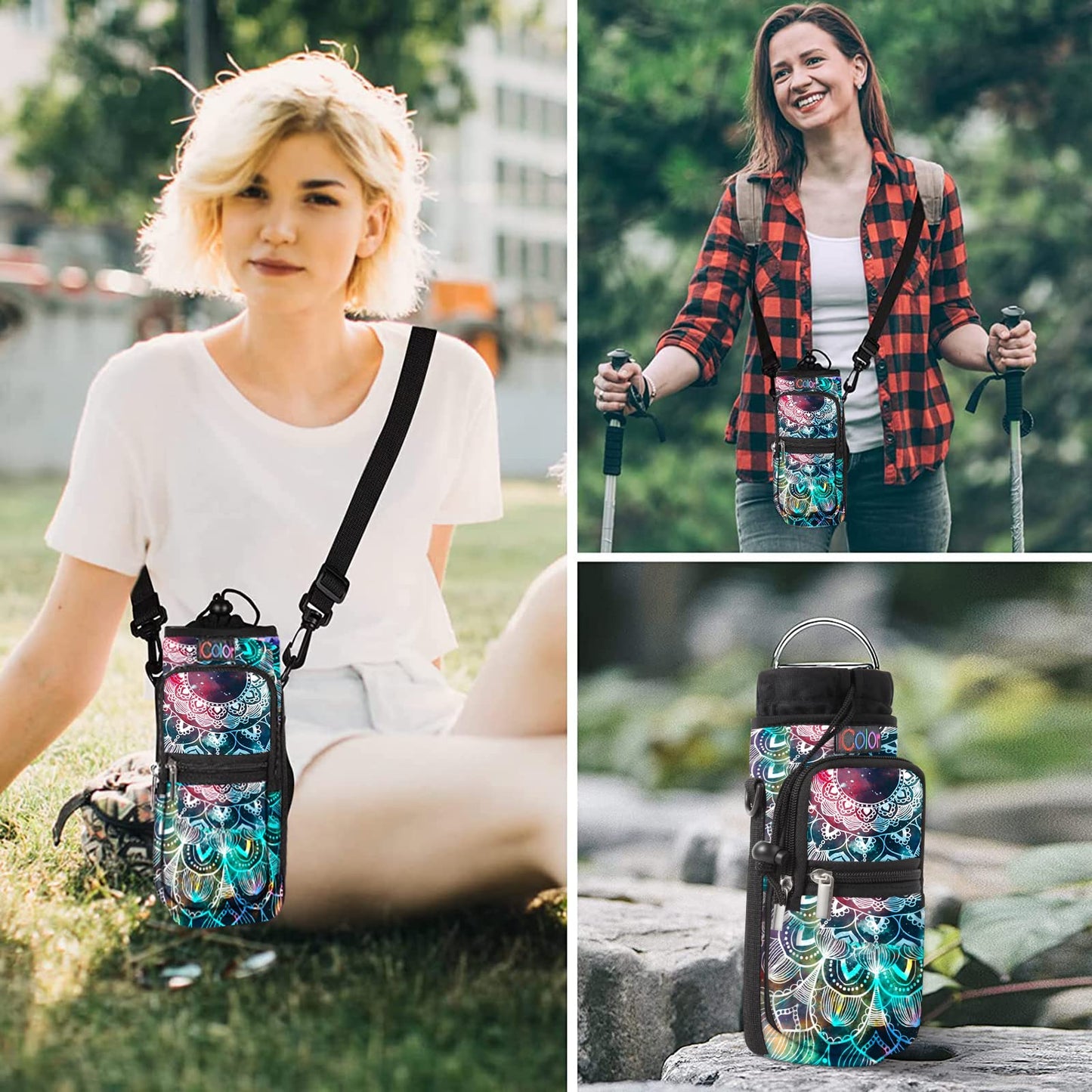 icolor Water Bottle Carrier Bag Holder 25/32/40/64oz,Adjustable Padded Shoulder & Handle Strap Sports Sling Hiking Pack,Insulated Neoprene Wide Mouth Bottle Sleeve