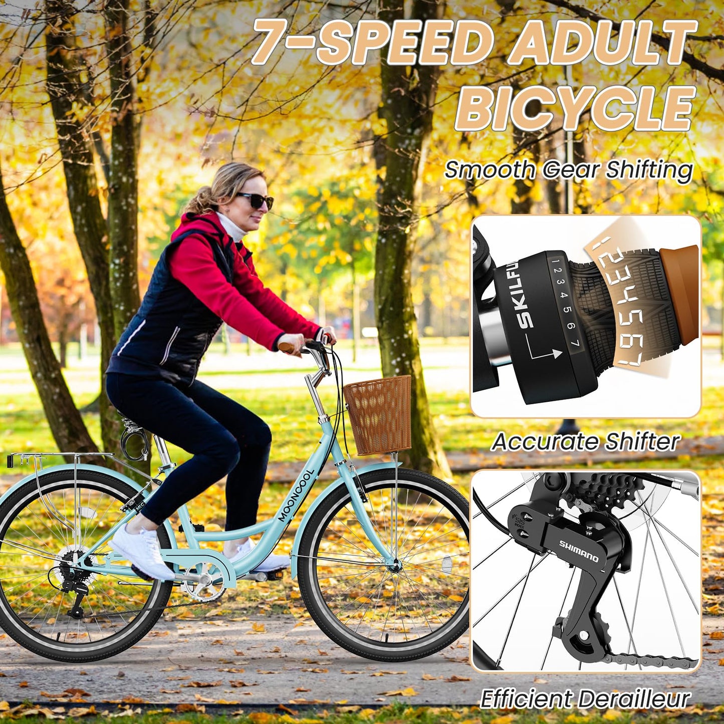 MOONCOOL Womens Bike 7 Speed, 24 26 inch Beach Cruiser Bikes for Women, Step Through Adult Bicycle with Front Basket for City Commuting
