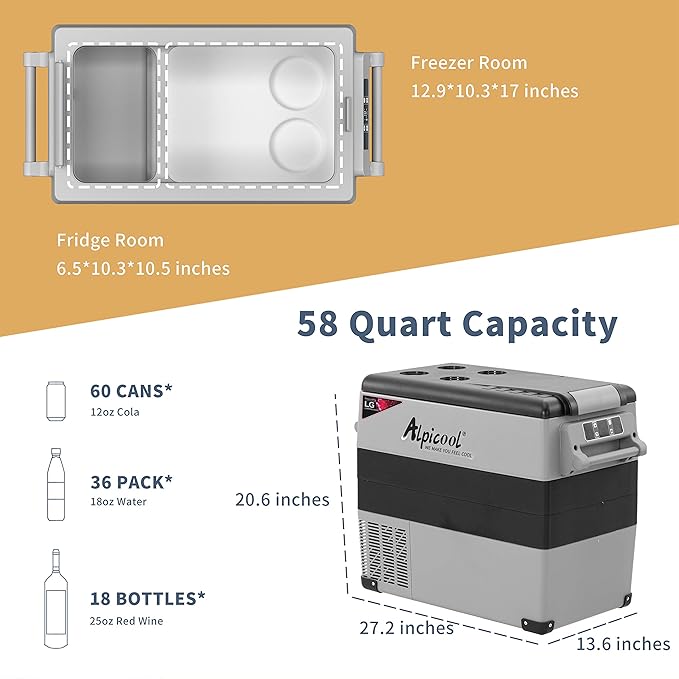 Alpicool LGCF55 Portable Refrigerator 12 Volt Car Freezer 52 Quart Mini Fridge Freezer (-4℉~68℉) for Truck, RV, Vehicle, Travel, Outdoor -12/24V DC