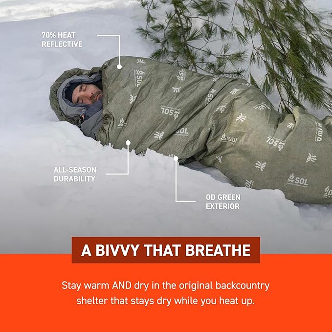 SOL Escape Bivvy with Hood - Emergency Preparedness Blanket - Reflects Up to 70% Body Heat - Outdoor Survival Bivvy - Water Resistant - Durable & Breathable - Winter Camping Supplies - Green