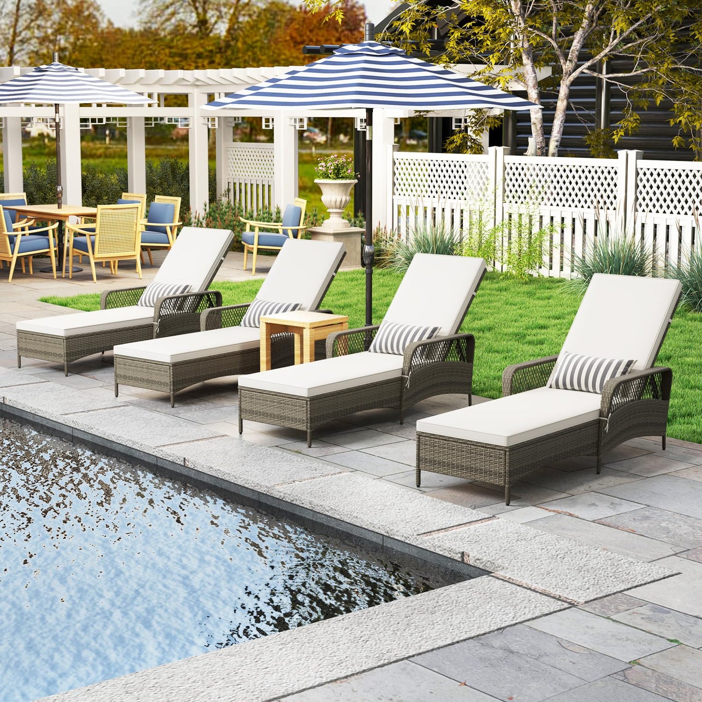 Toolsempire Wicker Chaise Lounge Chair Set of 2, Patio Rattan Recliner with 6-Position Adjustable Backrest, Soft Cushions, Removable Lumber Pillow & Armrests, Lounger Chair for Poolside & Backyard