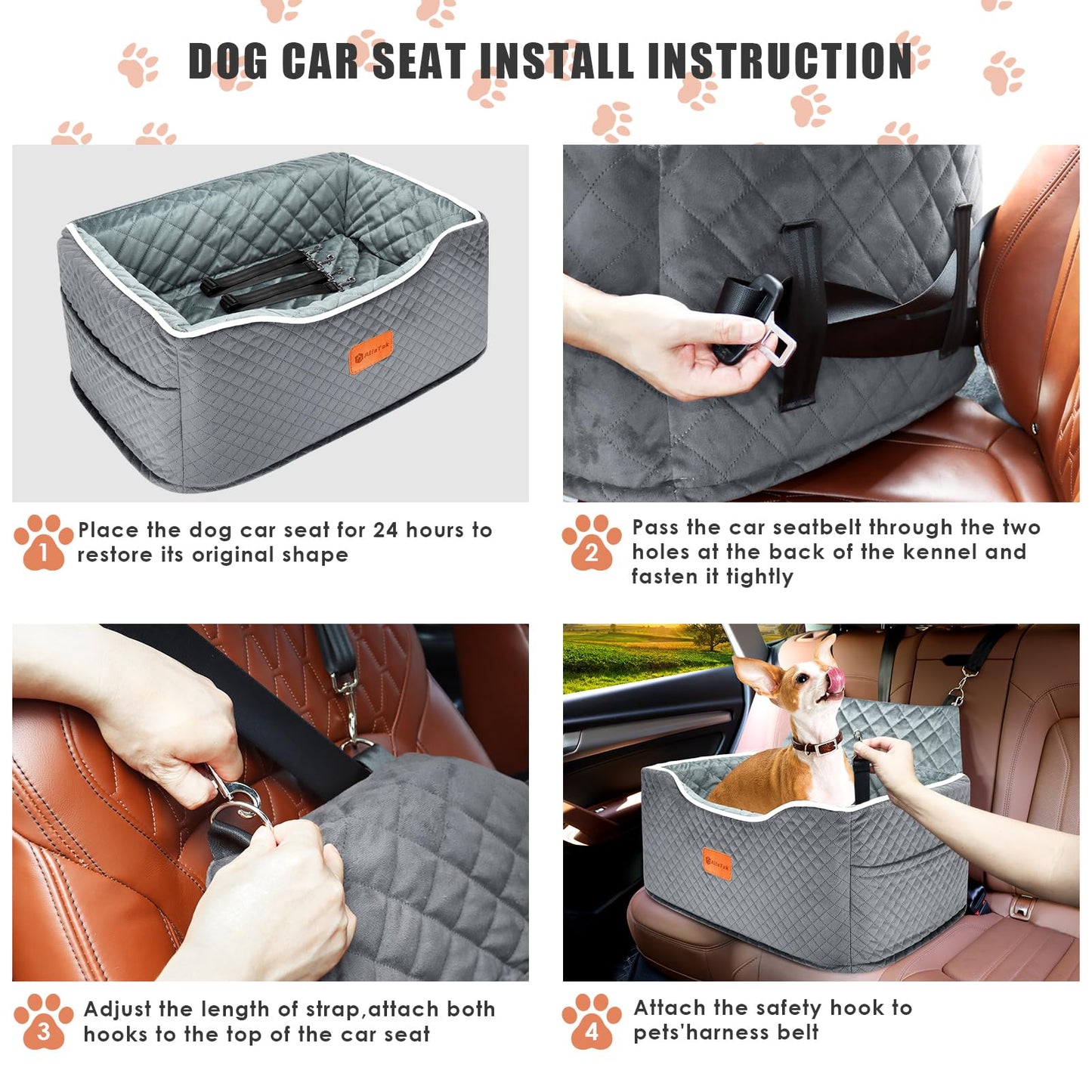 AlfaTok Memory Foam Booster Dog Car Seat for Medium Dogs Under 45 LBS, Elevated Pet Car Seat with Detachable Washable Cover, Anti-Slip Sturdy Dog Booster Seat with Seat Belt for Back Seat Travel