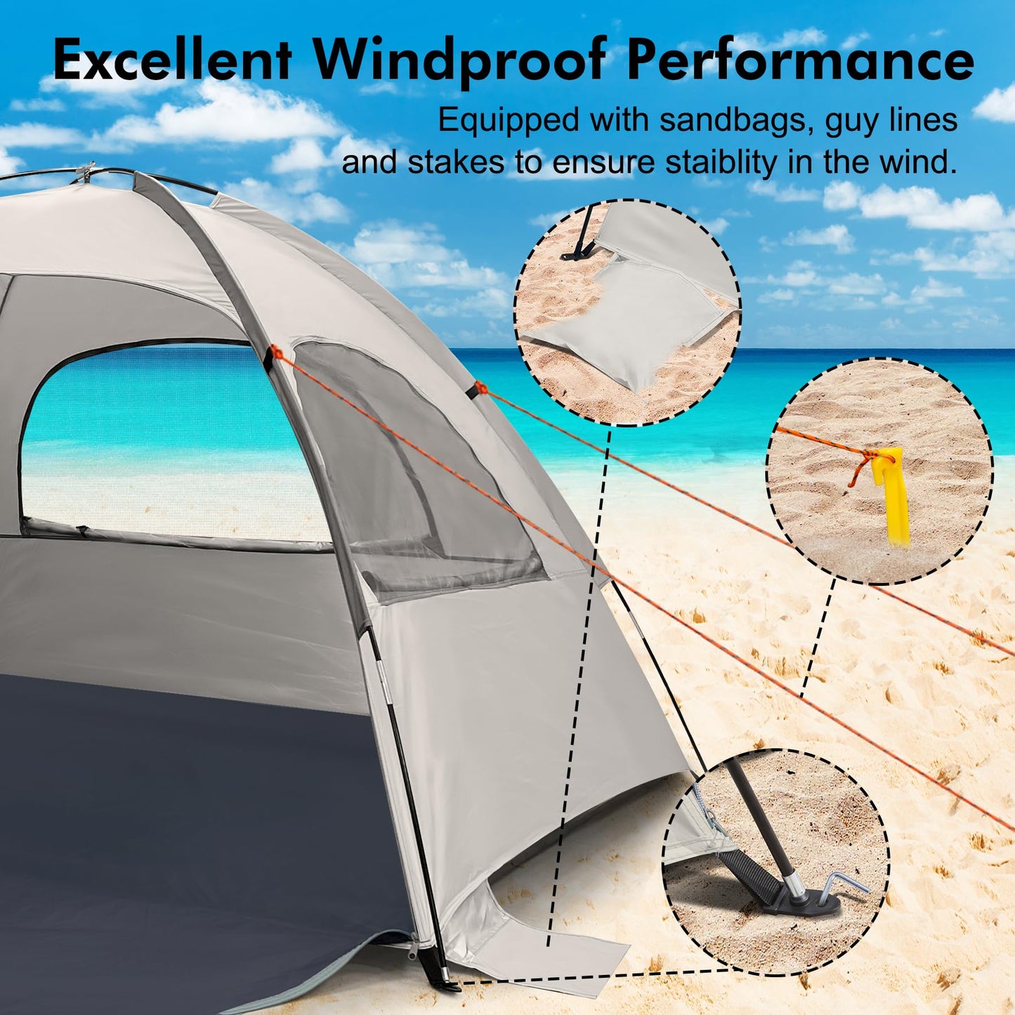 WhiteFang Beach Tent Anti-UV Portable Sun Shade Shelter for 4 Person, Extendable Floor with 3 Ventilating Mesh Windows Plus Carrying Bag, Stakes and Guy Lines (Baby's Breath)