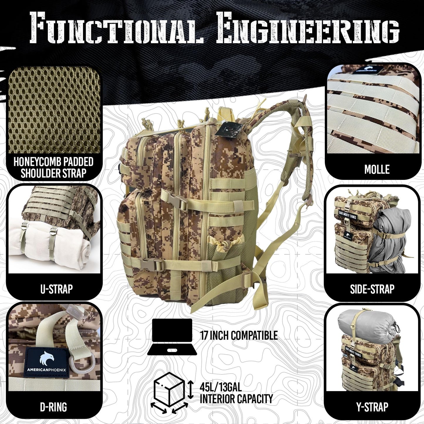 AMERICANPHOENIX 45L Elite Tactical Backpack | 3X Stronger Work & Military Backpack | Water Resistant and Heavy Duty | 3 Day MOLLE Bug Out Bag (Sand Storm)