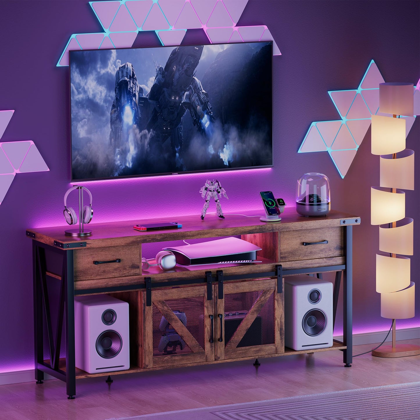 AntsandAnts TV Stand for 75 Inch TV,Entertainment Center with Power Outlets, 2 Drawers & Sliding Barn Doors, Rustic Wood Industrial TV Table for Living Room, Fits Up to 75" TVs
