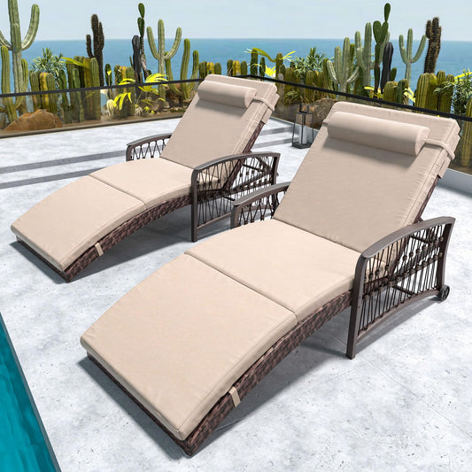 ZZWHOM Outdoor Chaise Lounge Set of 2 Outdoor Wicker Rattan Patio Chairs Recliners with 5-Position Backrest & Thickened Cushions & Wheels for Backyard Pool Beach