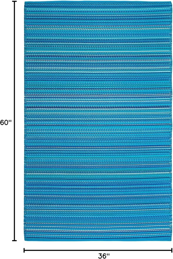 FH Home Outdoor Rug - Waterproof, Fade Resistant, Reversible - Premium Recycled Plastic - Striped - Porch, Deck, Balcony, Mudroom, Laundry Room, Patio - Havana - Turquoise Crease Free - 3 x 5 ft