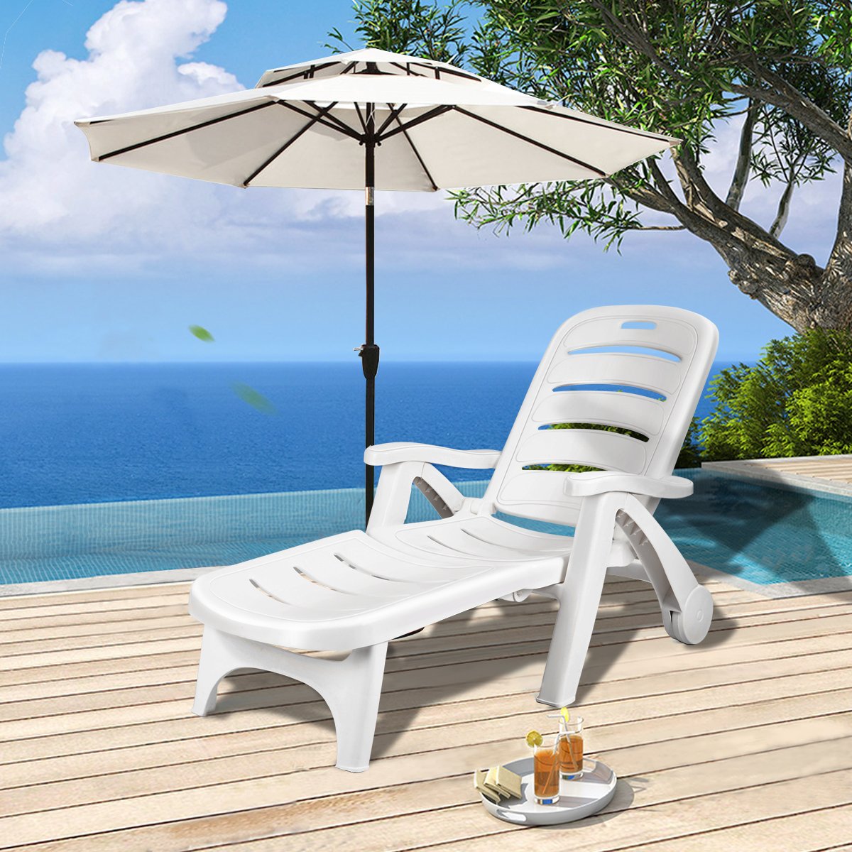 Giantex Folding Lounger Chaise Chair on Wheels Outdoor Patio Deck Chair Adjustable Rolling Lounger 5 Position Recliner w/Armrests (2, White)