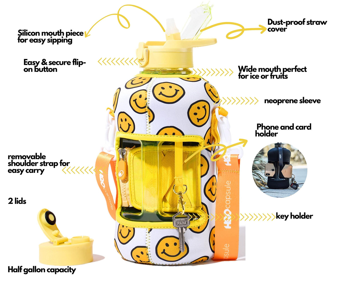 H2O Capsule 2.2L Half Gallon Water Bottle with Storage Sleeve and Covered Straw Lid – BPA Free Large Reusable Drink Container with Handle - Big Sports Jug, 2.2 Liter (74 Ounce) Happy Day