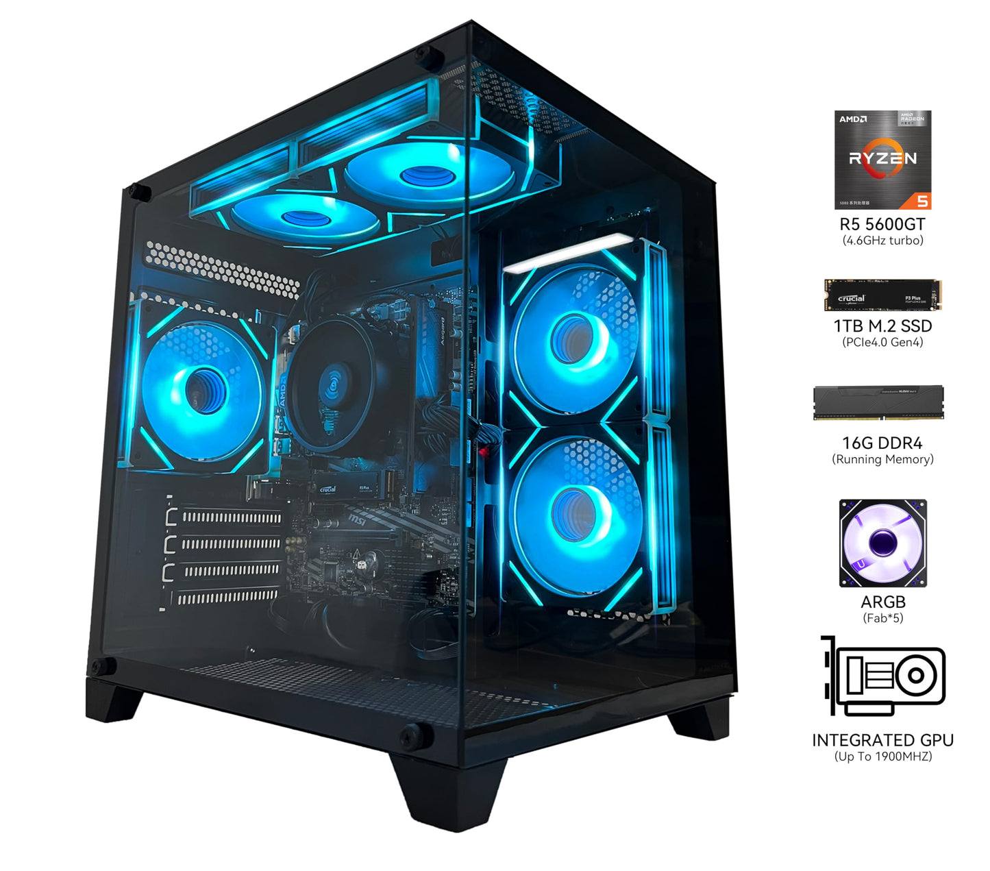 YAWYORE Gaming PC Desktop Computer AMD Ryzen 5 5600GT,16GB DDR4 3200MHz,1TB M.2 NVMe PCle4.0 Gen4,550W 80PLUS PSU,WiFi,Game Design Office Console,Sea View Room, Towers Prebuilt PC (Black)