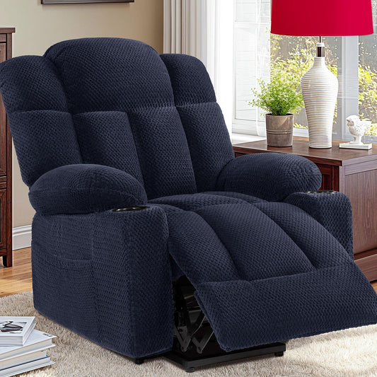 Cfvyne Power Lift Recliner Chair Sofa for Elderly with Massage and Heated, 3-Position, 2 Cup Holder, USB-A & USB-C, Soft Plush Fabric, Side Pocket Navy Blue
