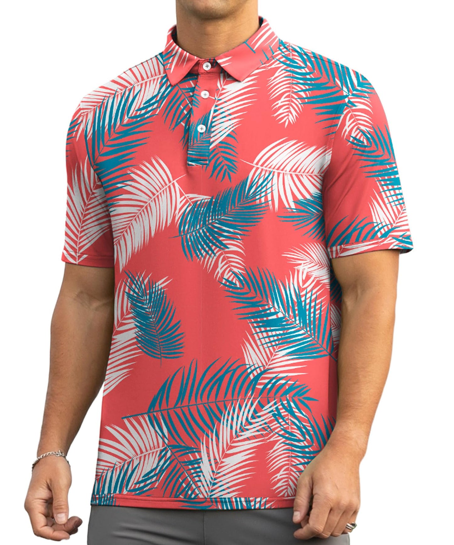 Askdeer Men's Golf Polo Shirts Short Sleeve Performance Dry Fit Polo Shirt Moisture Wicking Casual Golf Shirts Red Palm Leaf