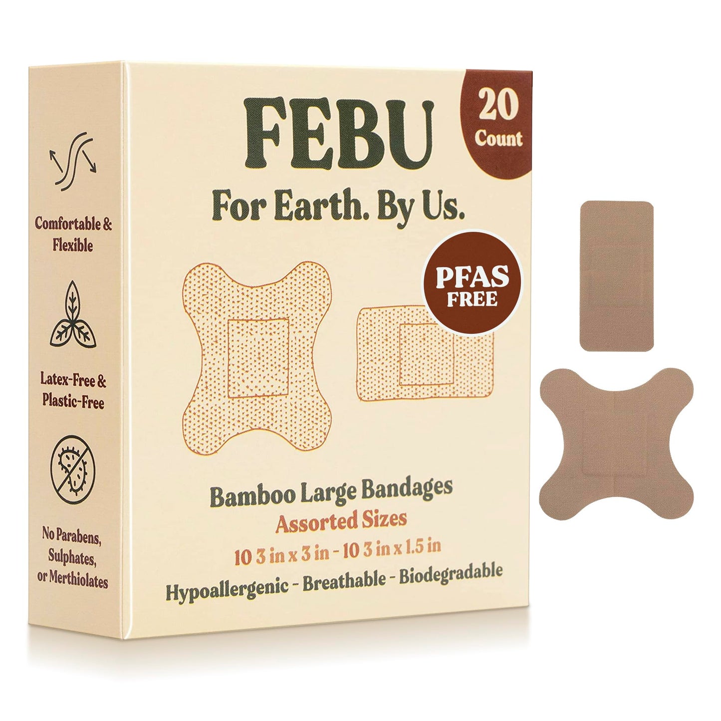 FEBU Eco-Friendly Bamboo Fabric Bandages | PFAS Free Flexible Fabric Bandages | Natural Hypoallergenic Bandage for Scrapes, Cuts & First Aid | Fully Compostable, Latex Free Bandage | 75 Count Strip