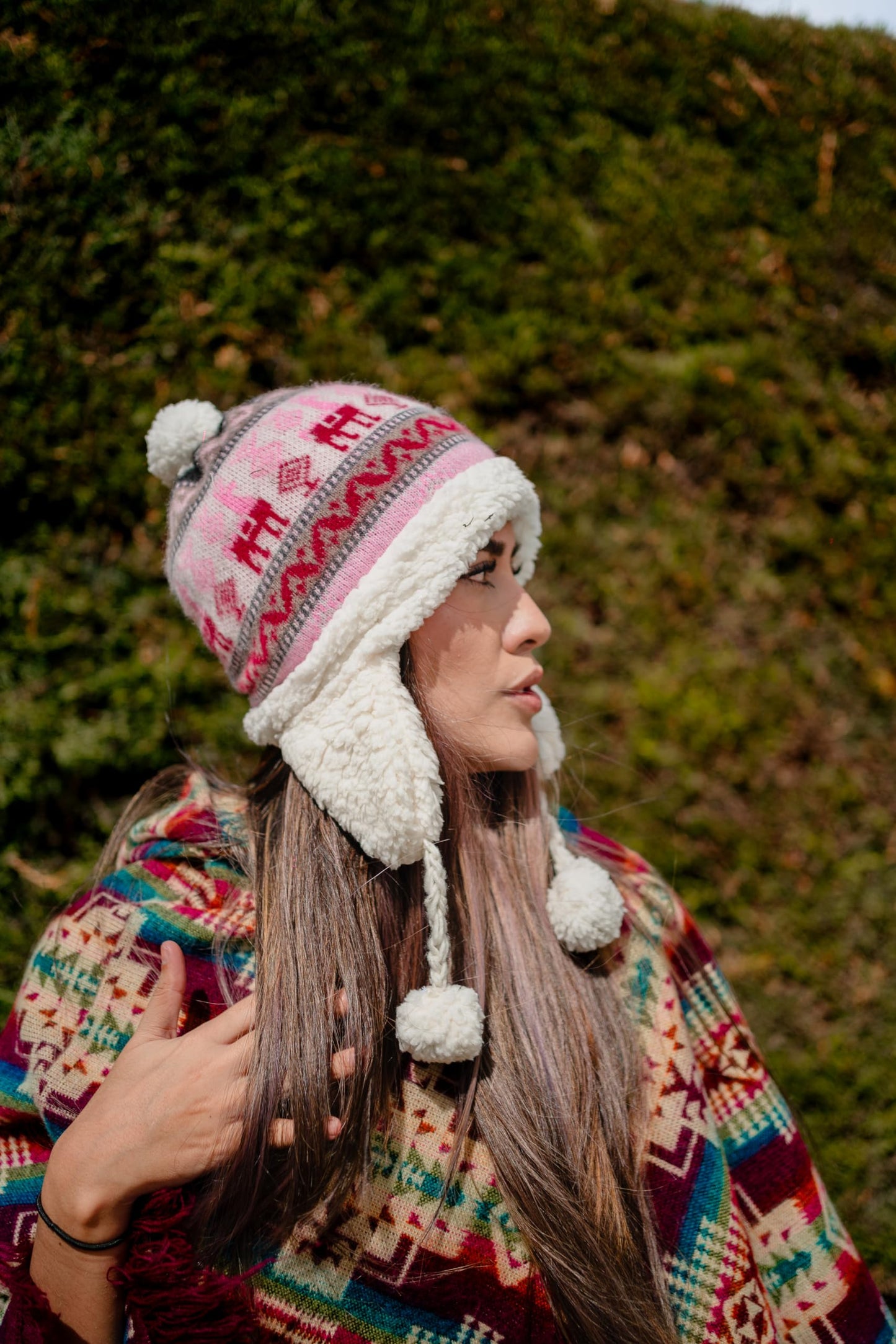 Alpaca Beanie for Men & Women, Alpaca Wool Winter Hat with Sheepskin Interior Coverage and earmuffs, Stylish Comfortable made by Otavalenos Artisans from Ecuador. (Pink, Black)
