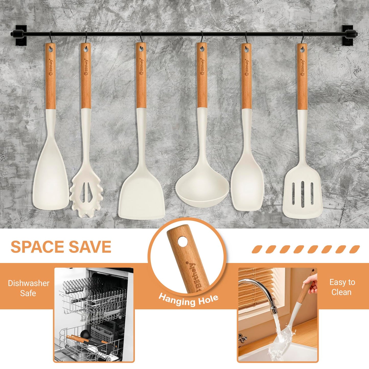 Silicone Cooking Utensils Set, 6 Pack Large Kitchen Utensils Set with Wooden Handle, Heat Resistant Silicone Utensil Spatula Set for Nonstick Cookware, Spatula, Turner, Spoon, Ladle BPA Free (White)