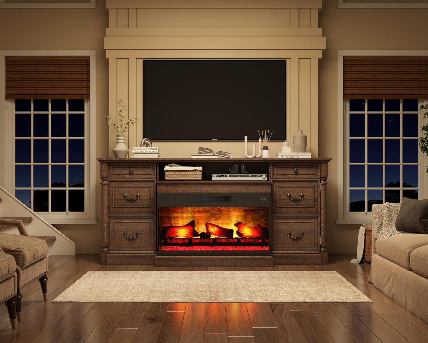 AMERLIFE 75" Fireplace TV Stand, Large TV Stand with 36" Fireplace, Farmhouse Entertainment Center with Solid Wood Roman Column, 2 Drawers & Cabinets Storage, for TVs up to 85", Reclaimed Barnwood