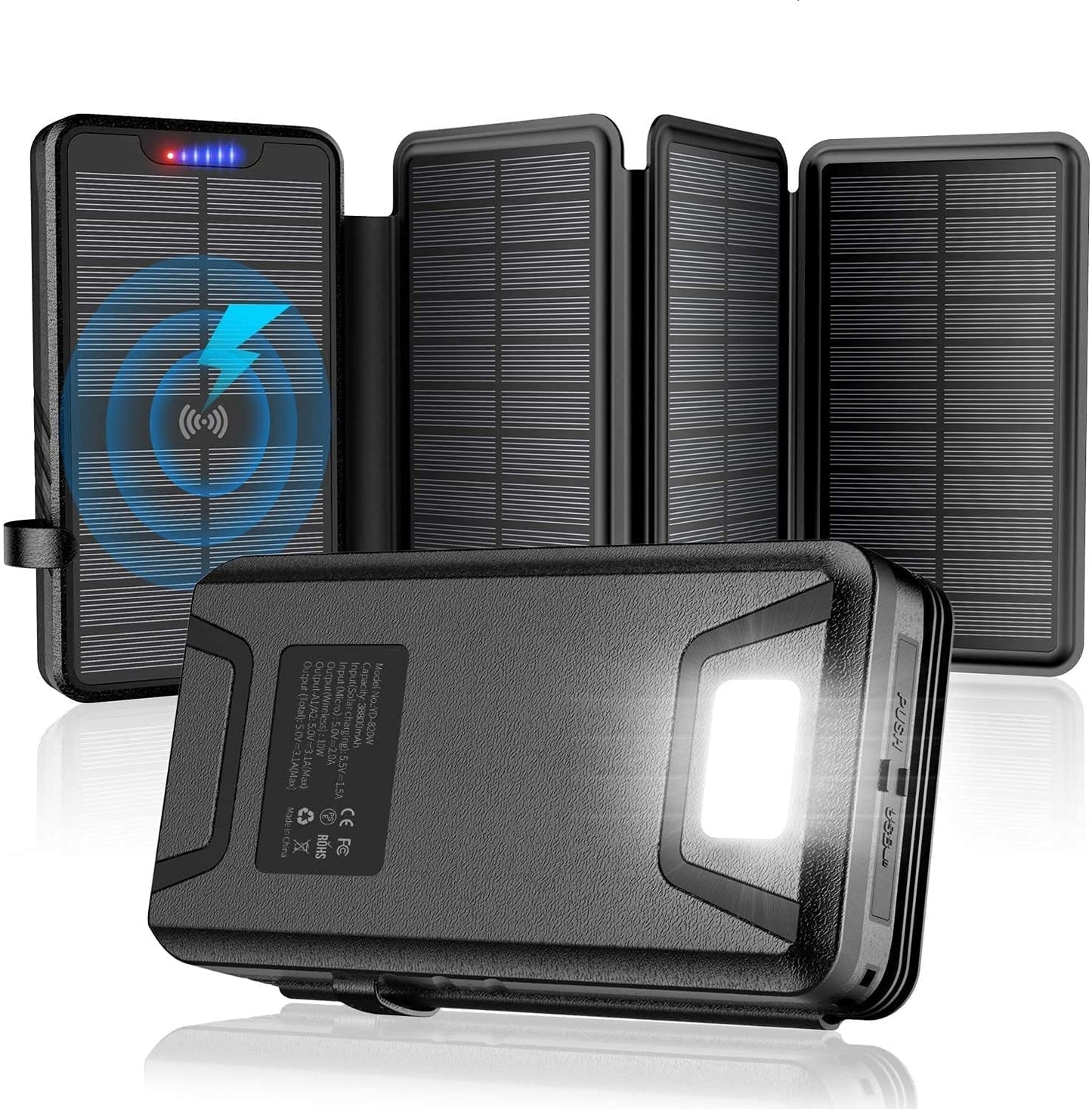 QiSa Solar Charger 38800mAh Power Bank with Dual 5V3.1A Outputs 10W Qi Wireless Charger Waterproof Built-in Solar Panel and Bright Flashlights