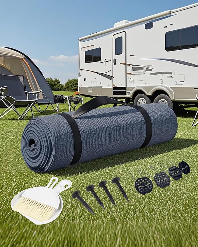 FoundGo Awning Carpet HDPE Camping Outdoor Rug with Eyelets,Nails,Broom,for RV,Patio,Backyard,Picnic,Beach,Trailer 8'*20' (2.44 * 6.1m)-Blue Grey