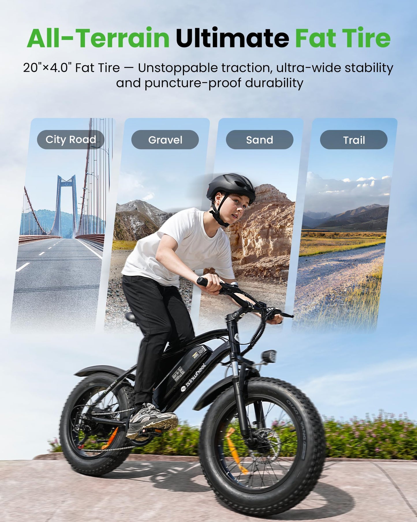 M10Pro Electric Bike for Adults 22Mph 1000W Peak Motor, 0-50° Adjustable Handlebar Mountain Ebike 375Wh Removable Battery 50 Miles Range 7 Speed Shift, 20x4.0 Fat Tire Adult Teenager Electric Bicycles