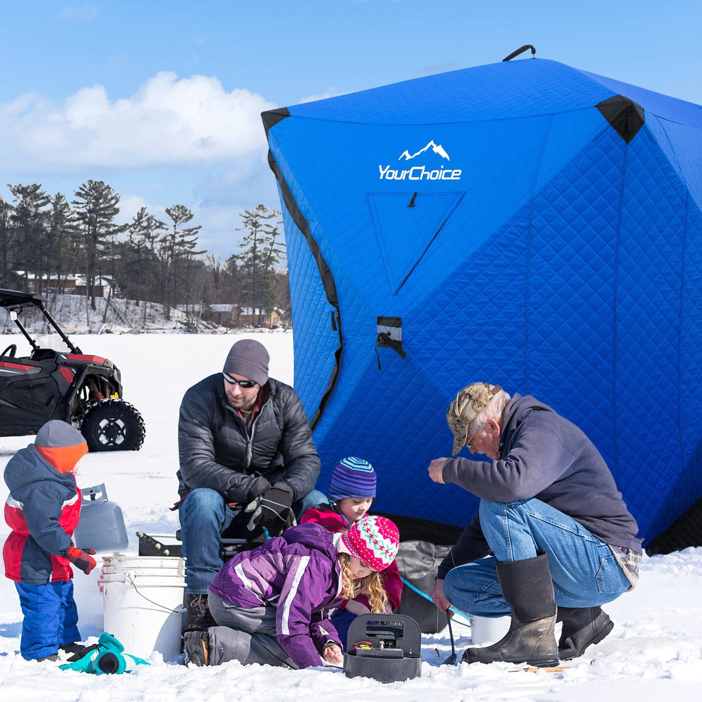 Your Choice Pop Up 3-4 Person Ice Fishing Shelter, Fully Insulated Ice Fishing Shelter, with Insulated Layer to Windproof and Warm Ice Fishing Tent, Ice Fishing Gear and Equipment - Color Blue