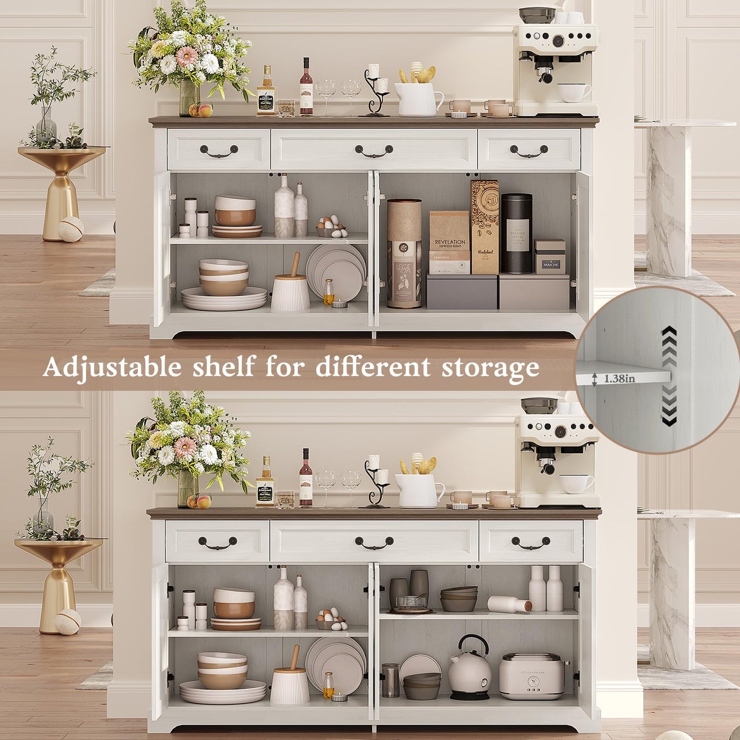 Vipbear 65" Large Sideboard Buffet Cabinet, Farmhouse Kitchen Sideboard Cabinet Buffet with Storage 3 Drawers, Coffee Wine Bar Cabinet with Storage for Living Room, Kitchen, White