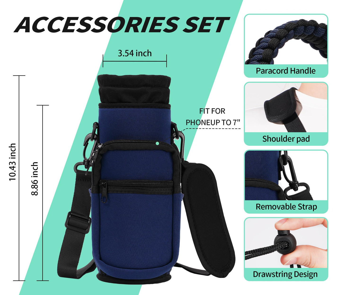 AceTreker Water Bottle Carrier Bag, 32 oz/ 40 oz Water Bottle Sleeve with Paracord Hanlde & Strap, Neoprene Insulated Metal Canteen Pouch Holder with Phone Pocket for Gym, Sport, Fishing-Navy