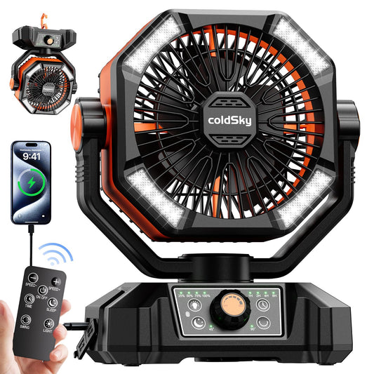 coldSky ๐ฎ๐ฌ๐ฌ๐ฌ๐ฌ๐บ๐๐ต Camping Fan with ๐๐๐ฎ๐น ๐ ๐ผ๐๐ผ๐ฟ, Battery Operated Fan with 4 LED Lantern, 8 Speeds Desk Fan with Remote, Portable Outdoor Fan with Hook for Tent, Power Outages, Jobsite