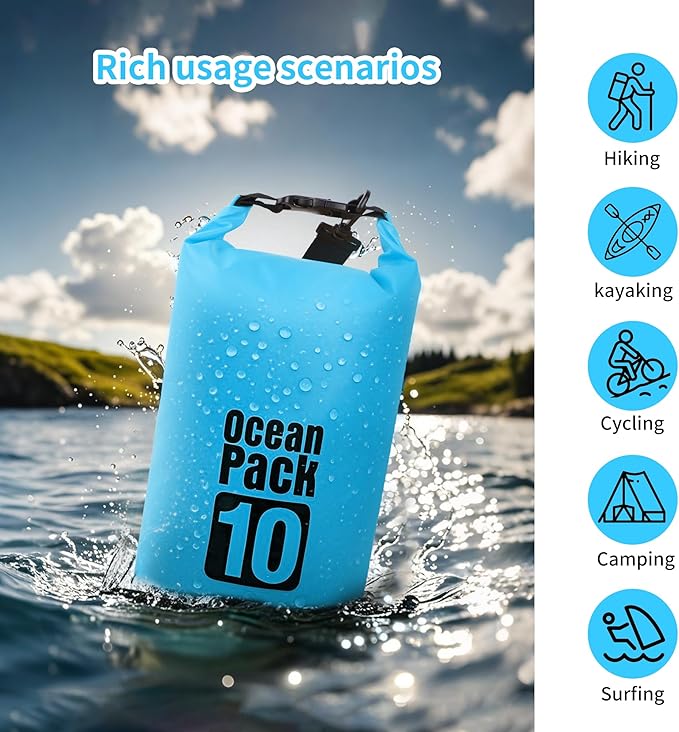 Dry Bag Waterproof for Women Men,15L Rolled Lightweight Dry Storage Bag Backpack with Phone Case for Travel,Swimming,Boating, Kayaking,Camping & Beach,Lake Blue