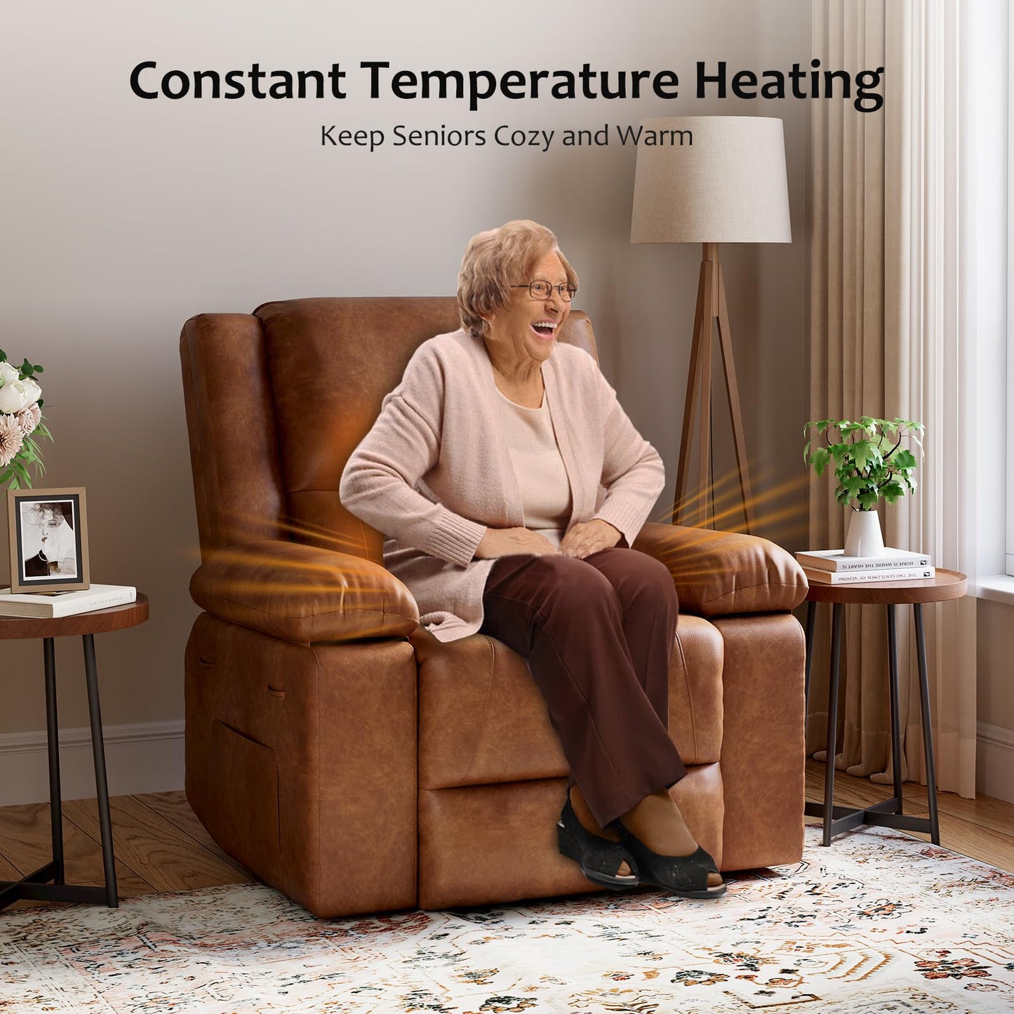 GarveeHome Faux Leather Power Lift Recliner w/Massage and Heat for Elderly, Recliner Chairs with Pockets for Living Room (Cognac, Medium)