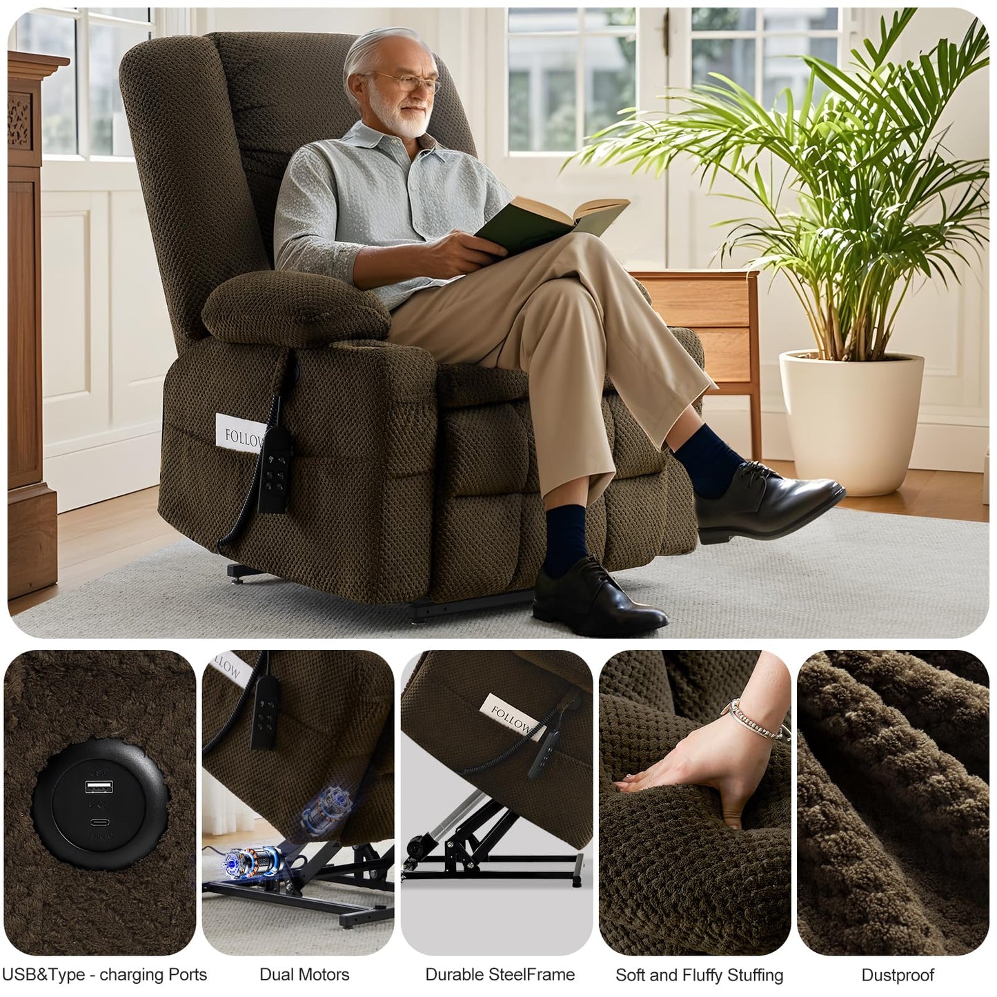 Madaha Electric Power Large Lift Recliner Chair Sofa with Massage and Heat for Elderly, Oversized Lay Flat Dual Motor Infinite Position Recliner Chair, Side Pockets, Cup Holders, USB Ports (Brown)
