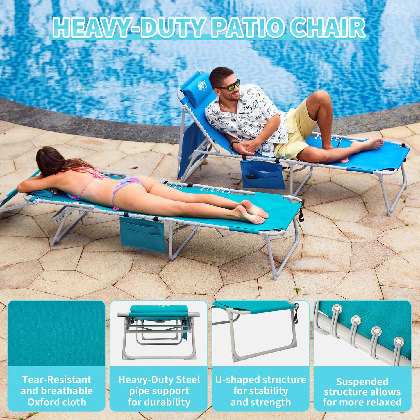 #WEJOY 3 in 1 Tanning Chair with Face Hole & Canopy, 300 lbs Heavy Duty 5 Positions Folding Face Down Lounge Chairs Outdoor with Pillow & Storage Bag Portable for Pool Beach Lawn Camping (Cyan)