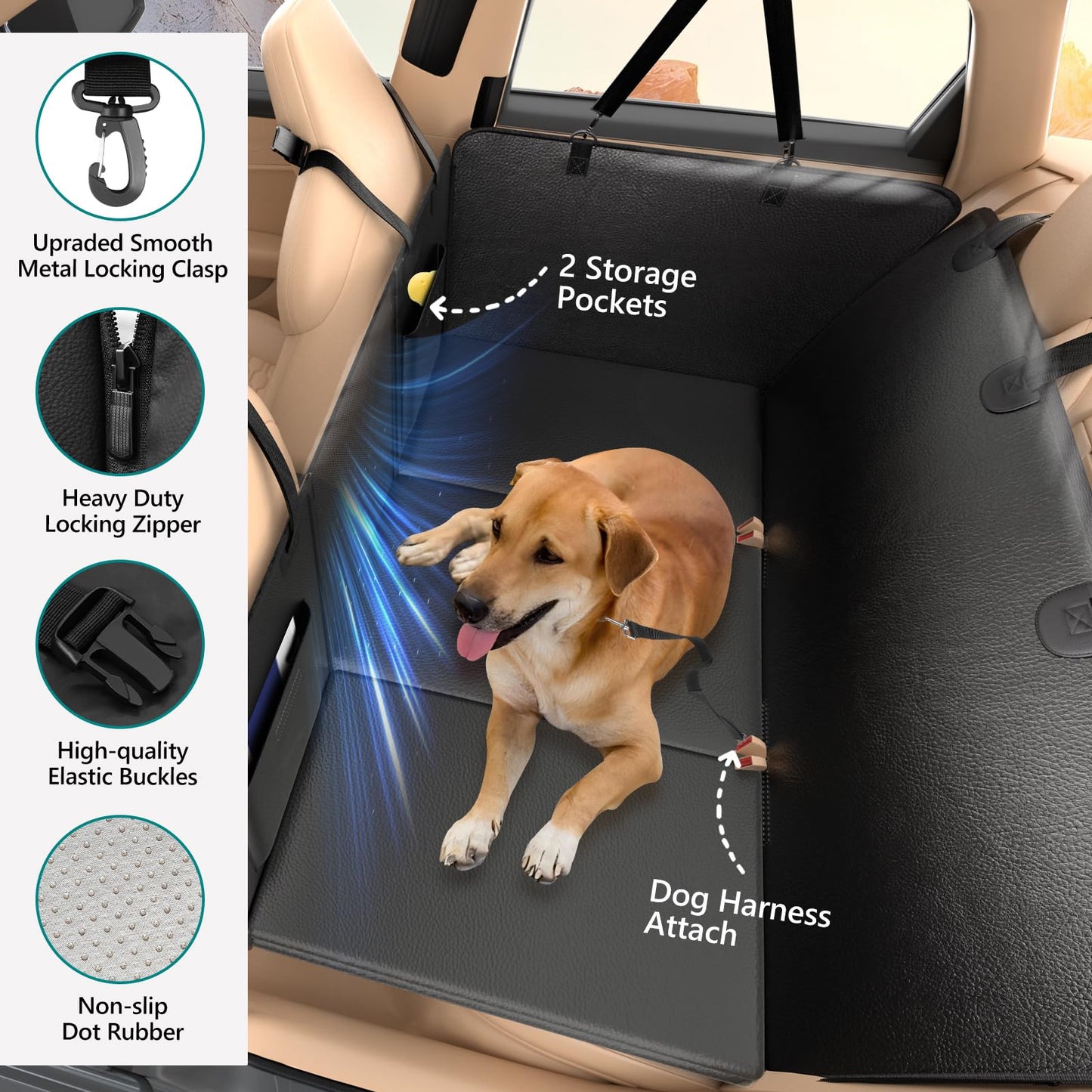 Back Seat Extender for Dogs Upgraded Anti-Scratch PU Leather, Hard Bottom Dog Car Seat Cover for Back Seat, Backseat Extender for Dogs, Waterproof Dog Hammock for Car, SUV, Small Truck, Black