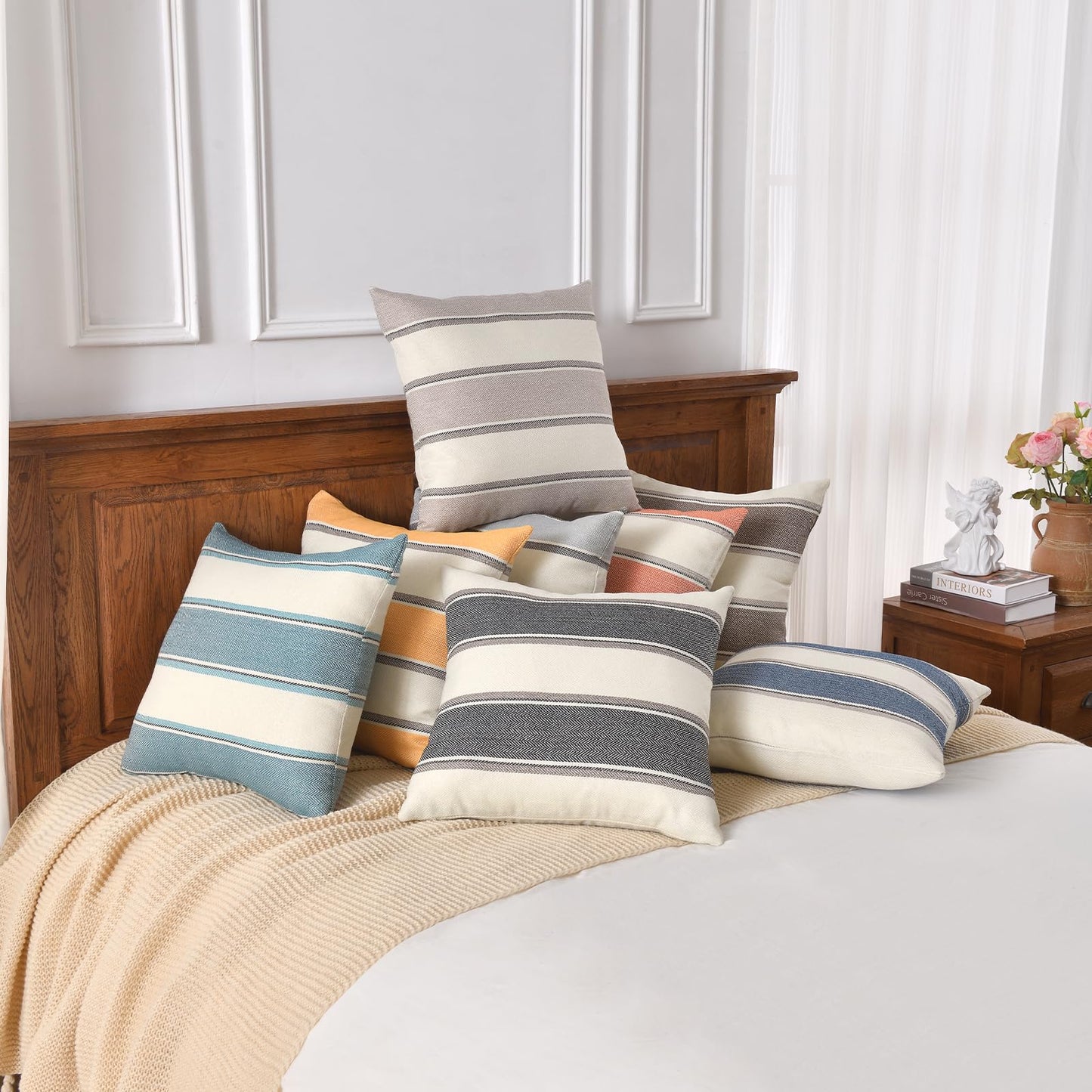 AmHoo Pack of 2 Farmhouse Linen Throw Pillow Cover Cushion Stripe Decoration Buffalo Retro Pillowcase with Hidden Zipper for Sofa Bedroom Car 16 x 16 Inch Yellow