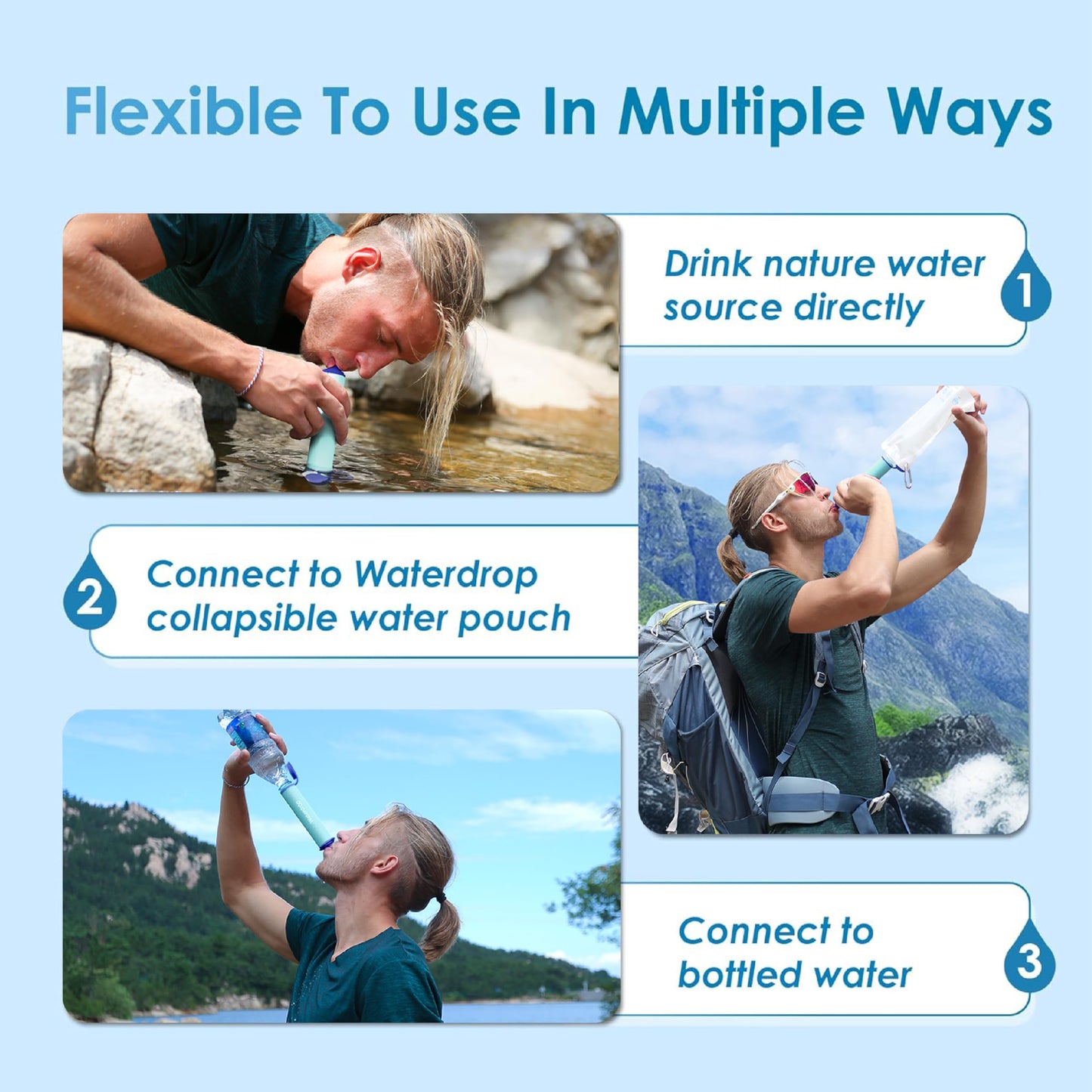 Waterdrop Gravity Water Filter Straw, Camping Water Filtration System, Water Purifier Survival for Travel, Backpacking and Emergency Preparedness, 1.5 gal Bag, 0.1 Micron, Light Blue