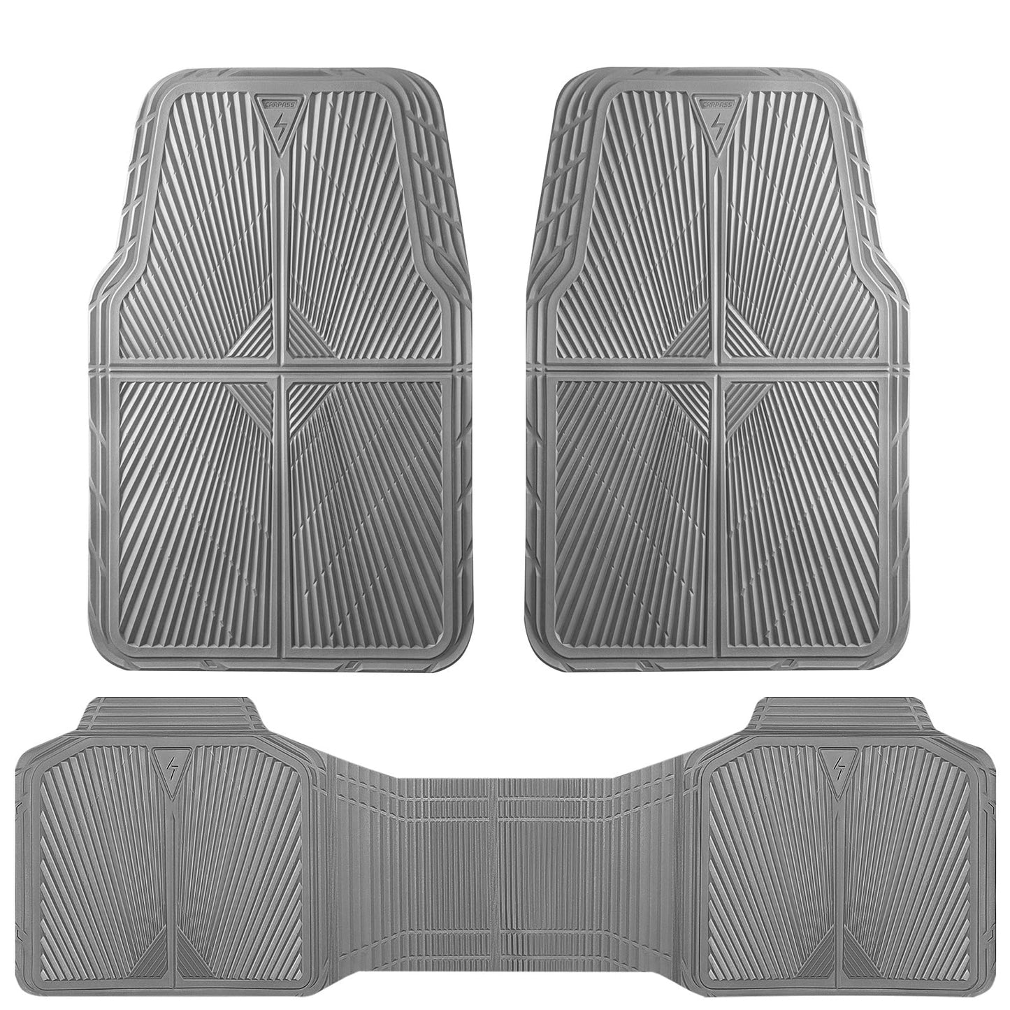 CAR PASS Rubber Floor Mats, All Weather Waterproof Trim-to-Fit Automotive Mats for Cars Trucks SUV, Anti-Slip Easy Clean, Heavy Duty Full Set 3-Piece, All Black