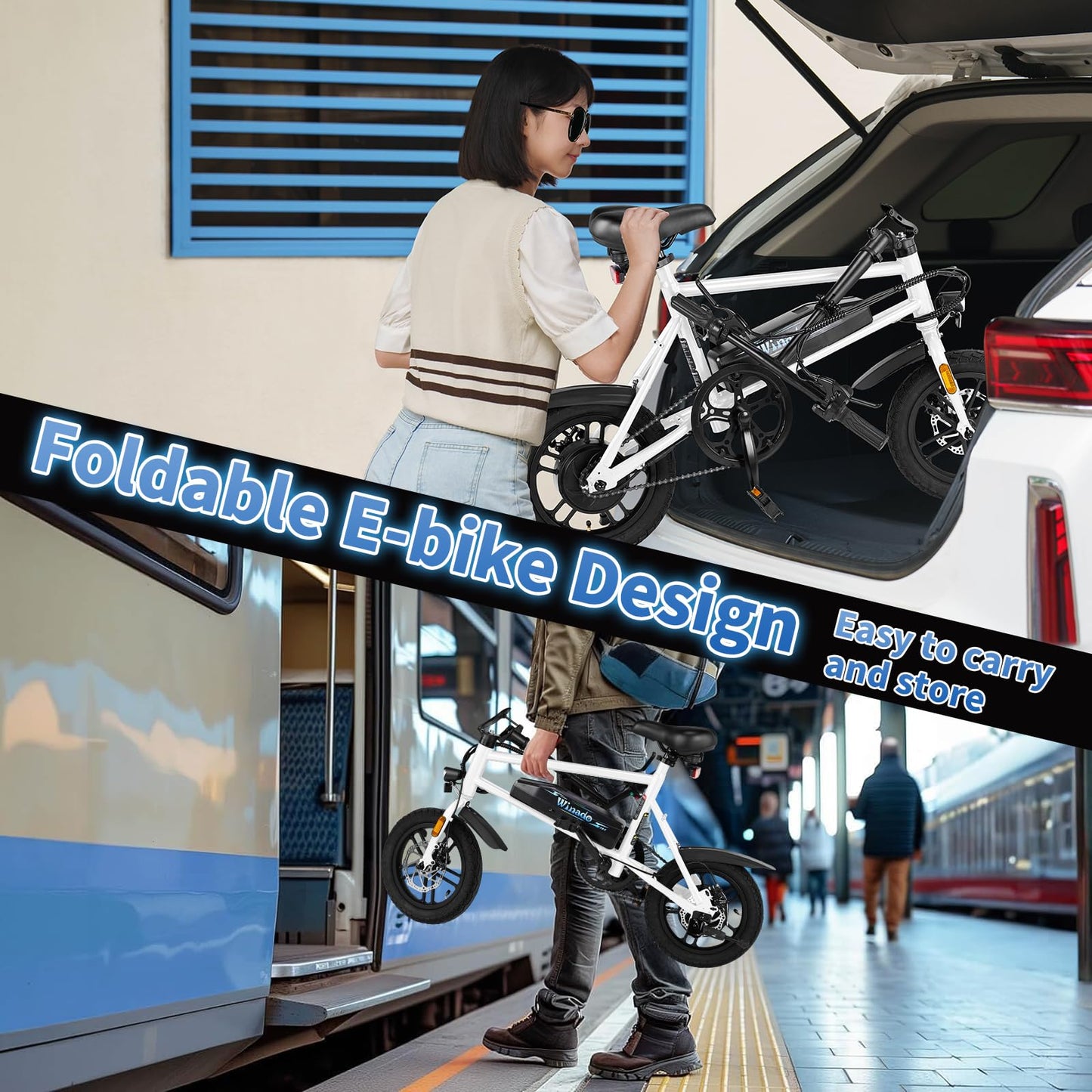 Winado Electric Bike for Adults, 14" Folding Electric Bicycle 450W Motor with Dual Disc Brakes, Max Range 25Miles(Pedal-Assist) & Speed 15.5MPH, Foldable Commuter City Ebike for Adults/Teens, White