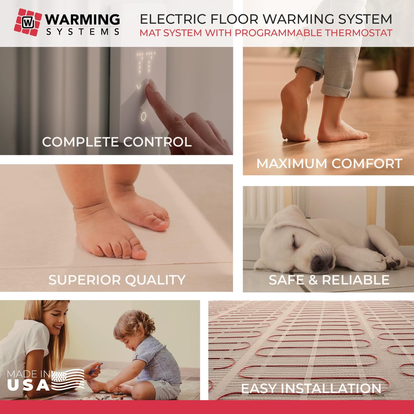 Warming Systems - 30 Sqft 120V Electric Radiant Floor Heating Mat – Includes Heating Mat, Programmable Thermostat, 2 Floor Sensors, Installation Monitor and Under Tile Heater
