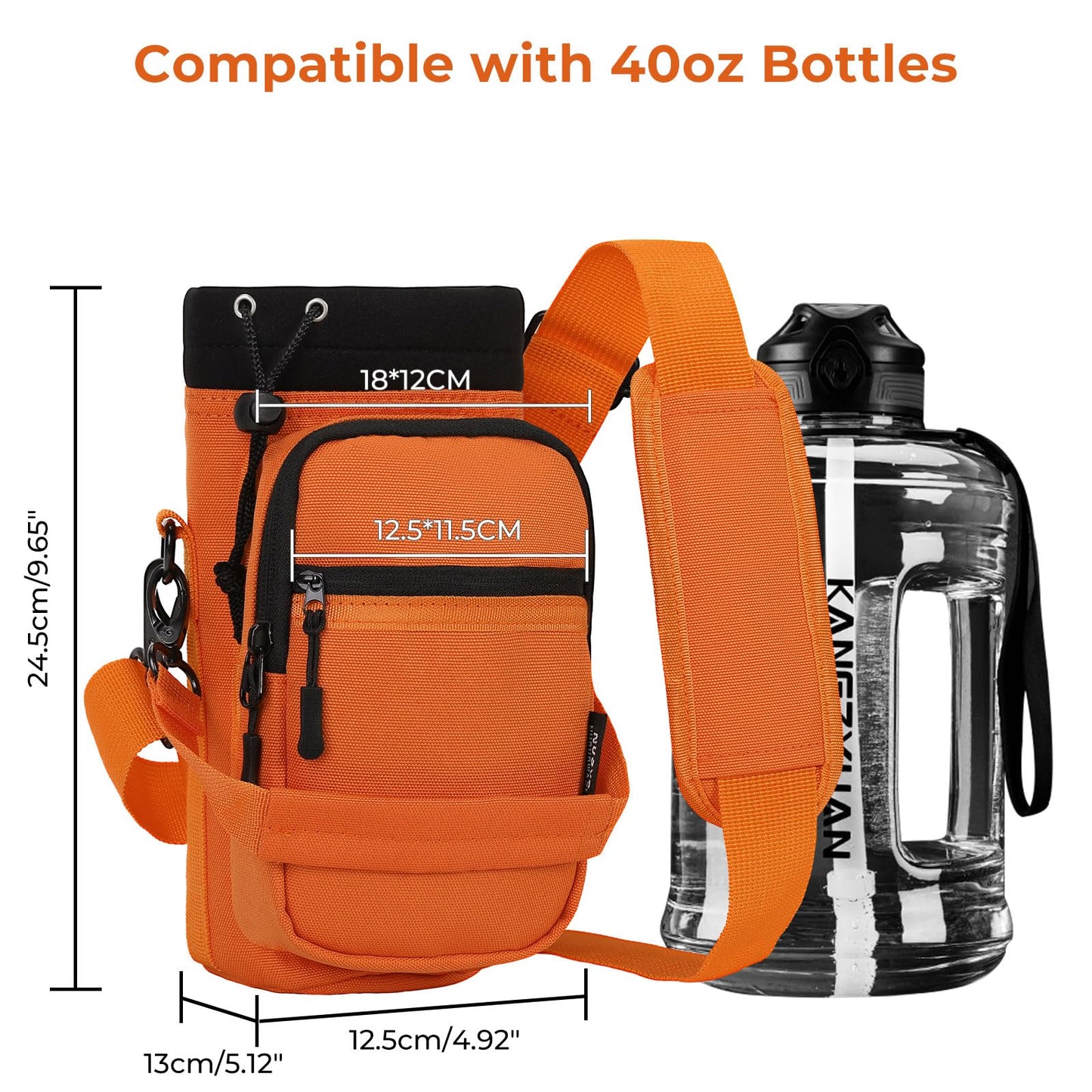 Nuovoware Water Bottle Carrier, 40oz Bottle Carrier Sports Water Bottle Holder with Adjustable Shoulder Strap, 2 Pockets Flask Sling Bag Drawstring Pouch for Hiking, Orange