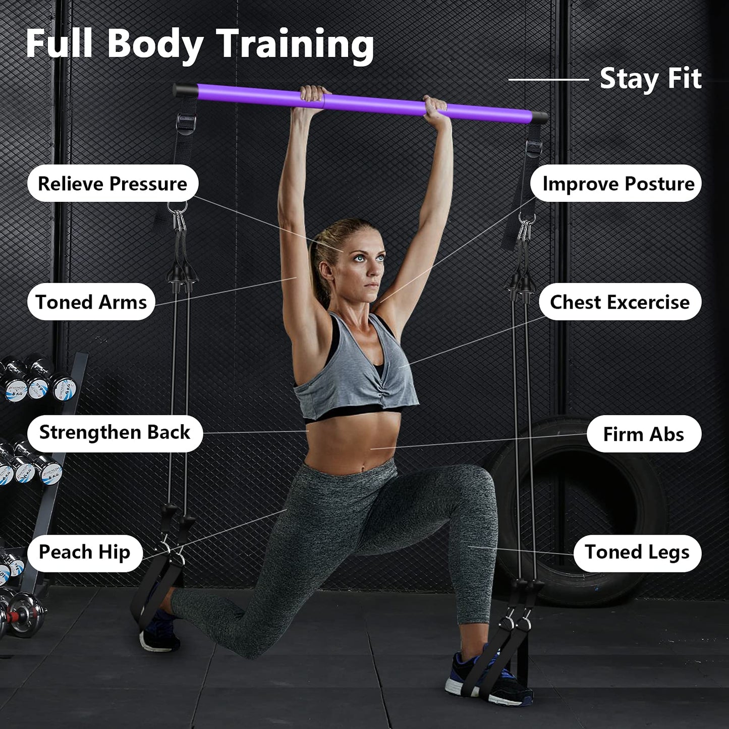 Pilates Bar Kit with Resistance Bands, Adjustable 3-Section Pilates Bar with Stackable Bands Workout Equipment for Legs,Hip,Waist and Arm Full Body Workouts Pilates (Purple(Adjustable,40/50lbs)