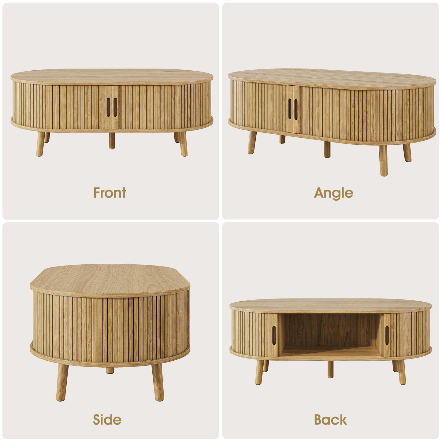 Alohappy Oval Coffee Table, Mid Century Modern Coffee Table with Sliding Tambour Door, Fluted Center Table with Hidden Storage, Curved Profile Dining Table for Living Room, Home Office,Natural Oak