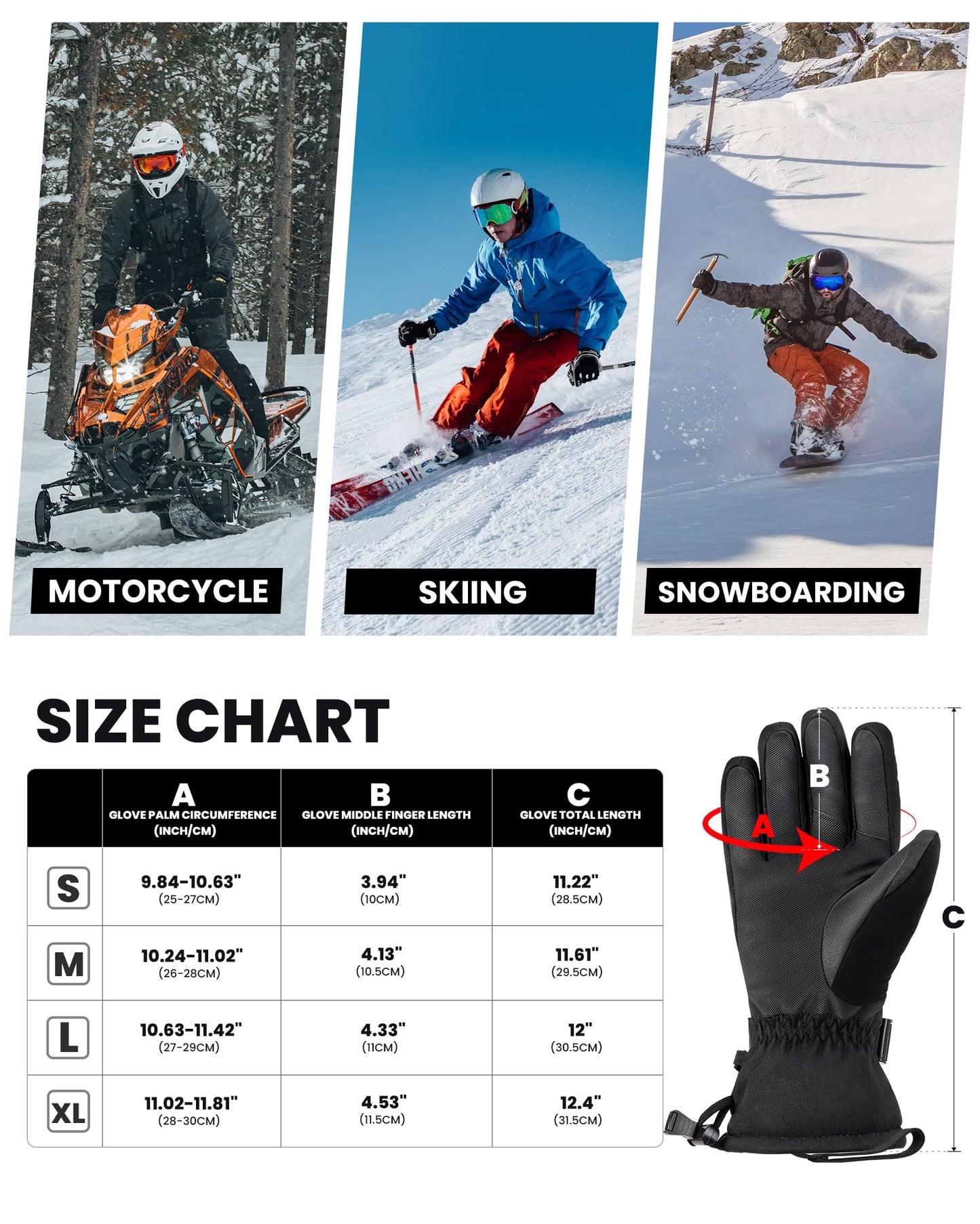 OutdoorMaster Ski Snow Gloves for Women & Men, 3M Thinsulate Waterproof Snowboard Gloves, Winter Warm Windproof Snowmobile Gloves with Double-Pocket