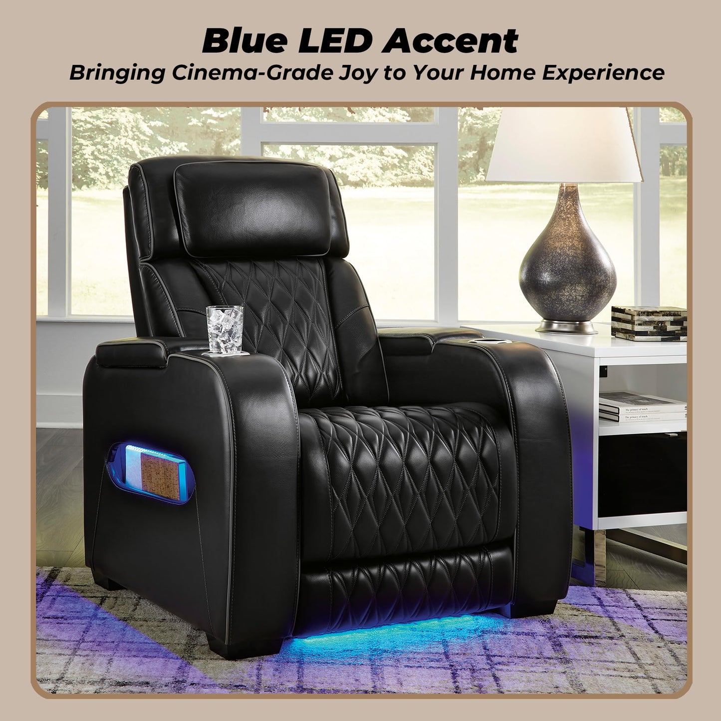 Signature Design by Ashley Boyington Contemporary Leather Match Power Recliner with Adjustable Headrest, Cup Holders, USB Port and Air Massage System, Black