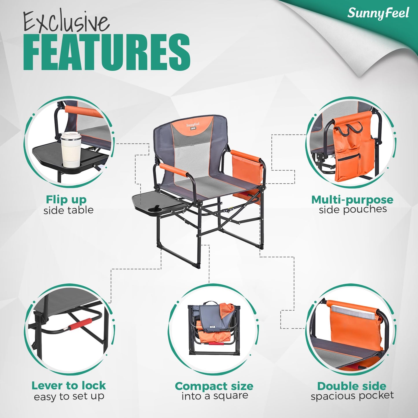 SUNNYFEEL Oversized Camping Directors Chair 2 Pack, Portable Folding Lawn Chairs for Adults Heavy Duty with Side Table,Pocket for Beach, Fishing,Picnic,Concert Outdoor, Foldable Camp Chairs
